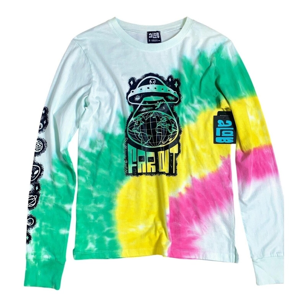 Small A Lab Far‎ Out Rainbow Tie Dye Long Sleeve T-Shirt Rasta Trippy Alien